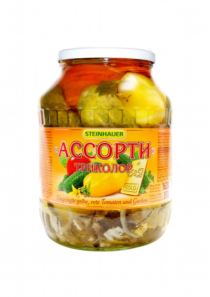 Ingelegde gele en rode tomaten en komkommers "Assorti Trikol