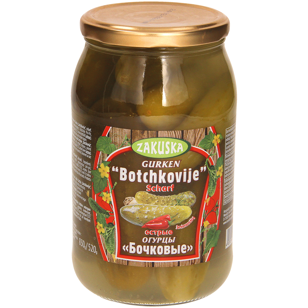 Melkzuur gefermenteerde komkommers "Botchkovije", pittig