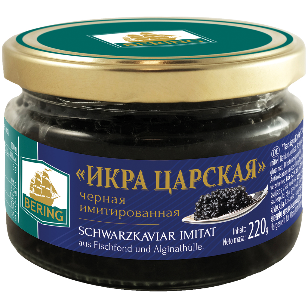 "Tsarskaya Kaviaar" Zwarte kaviaar - Imitatie van visbouillon en alginaathuls