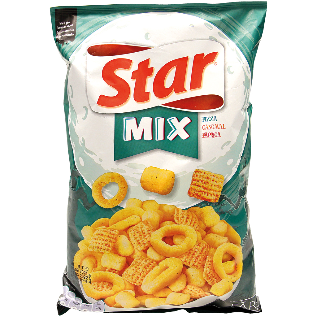 Snack-mix van maissnack met kaassmaak, maissnack met pizzasm