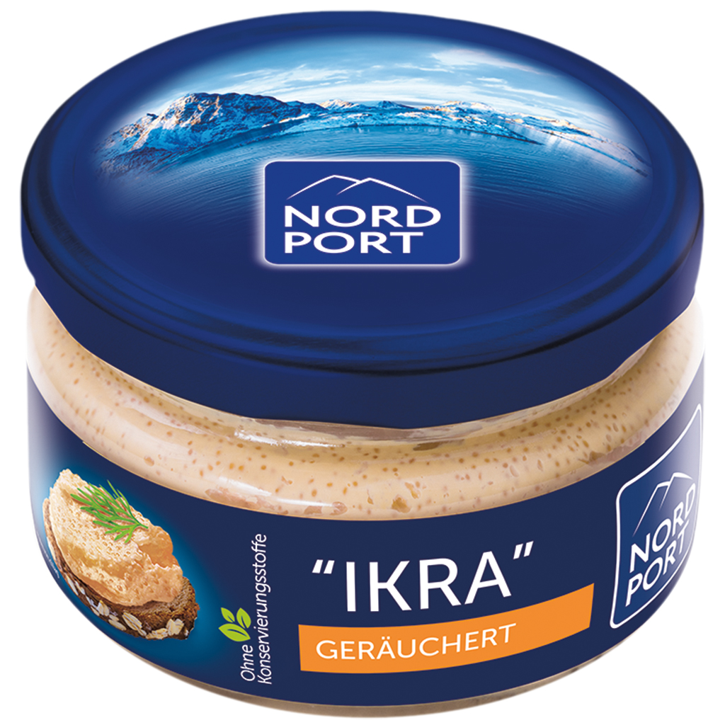 Brotbeleg "IKRA" met Capelin-kaviaar, gedeeltelijk gerookt, en haringkaviaar