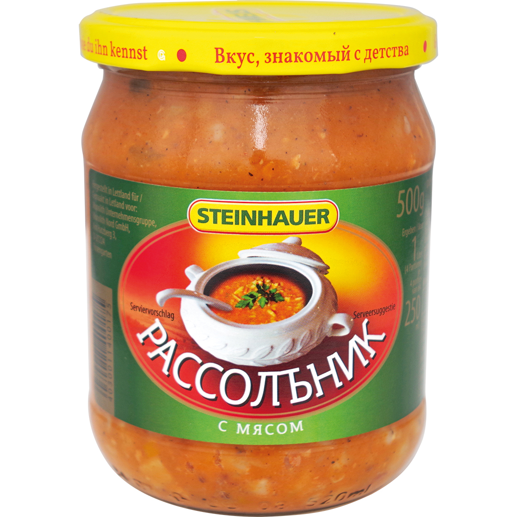 Aardappelsoep "Rassolnik" met augurken en vleeswaren