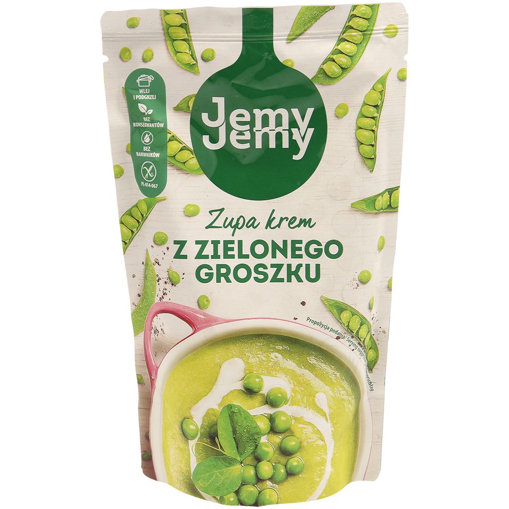 "Zupa krem z zielonego groszku" Groene erwtencrèmesoep. Gest