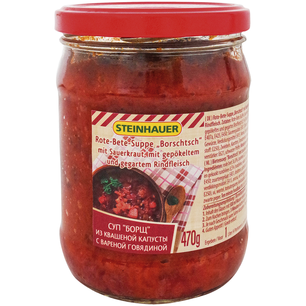 Bietensoep "Borschtsch" met zuur-kool, met gezouten en gekoo
