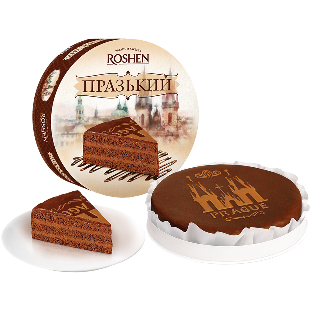 Torte "PRAGA" met roomvulling 24%, bedekt met cacaohoudende vetglazuur 17% en chocoladecoating 4%, diepgevroren.