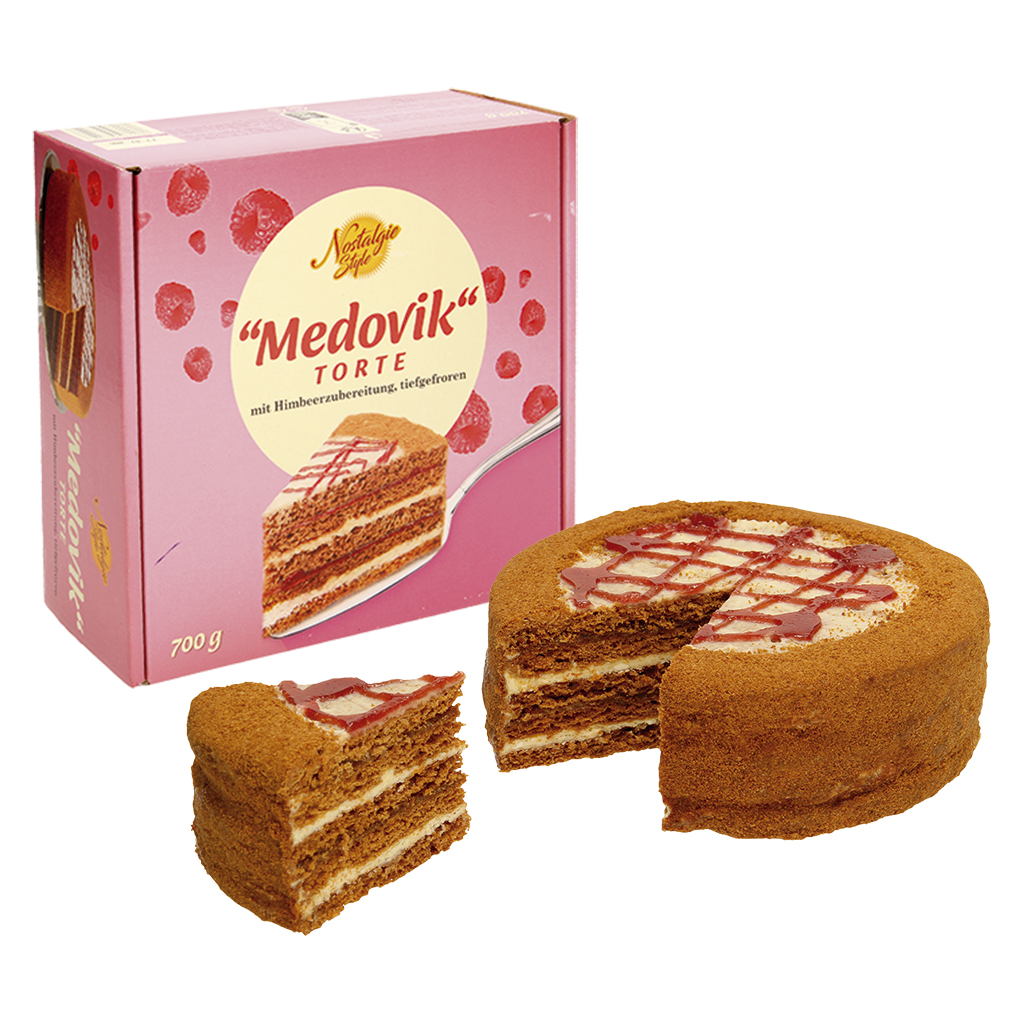 "Medovik" taart met honing 4,5% en frambozenbereiding 18,5%,