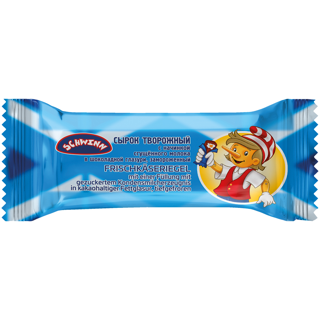 Frischkäseriegel met een vulling van gezoet gecondenseerd melkproduct in cacaohoudende vetglazuur, diepgevroren