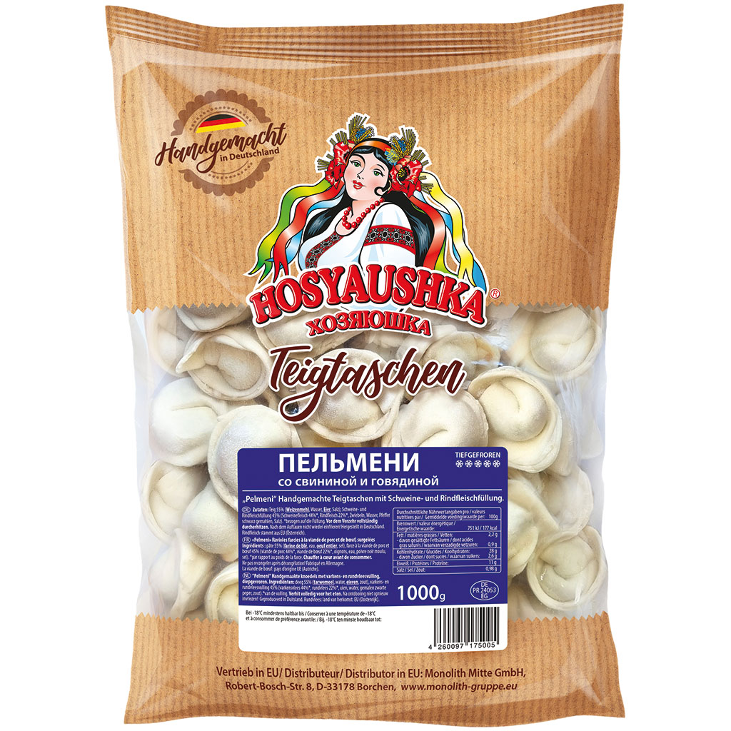 Handgemaakte deegwaren met varkens- en rundvleesvulling "Pelmeni", diepgevroren