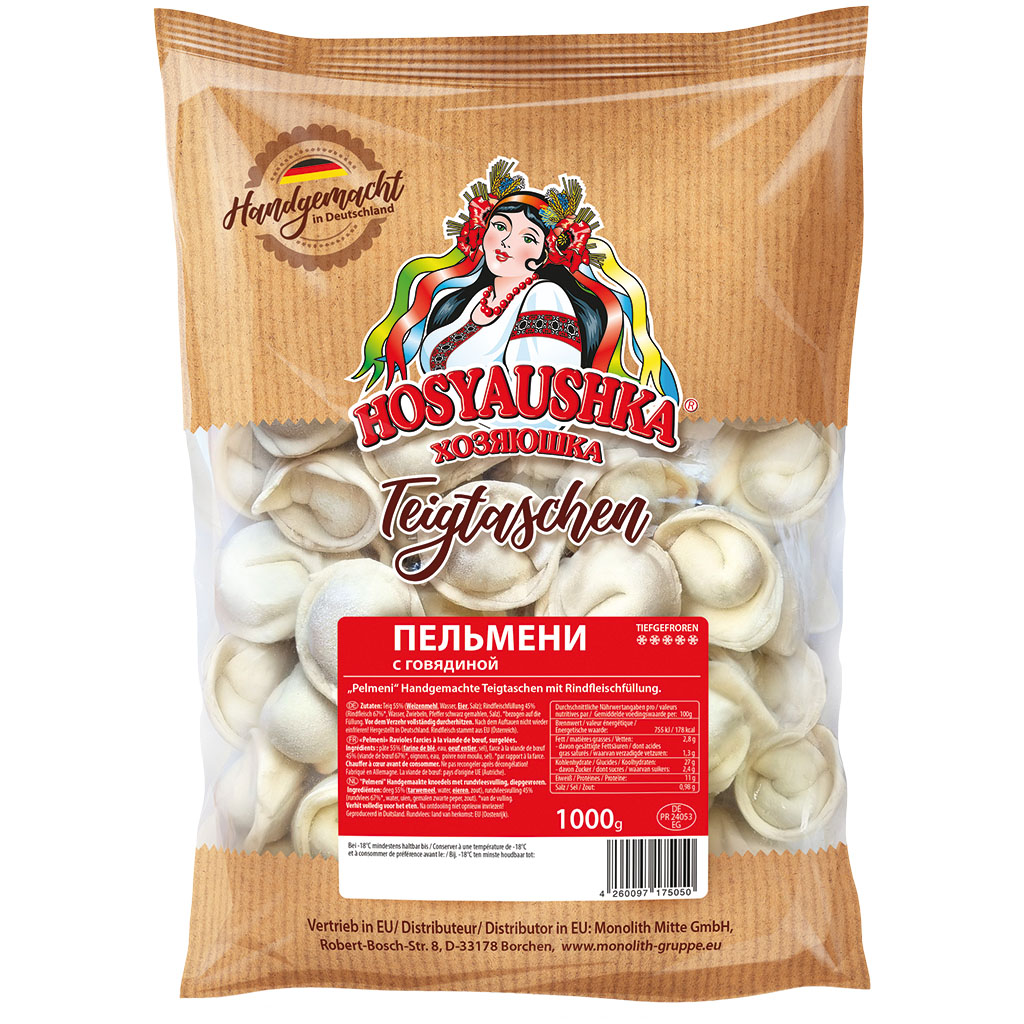 Handgemaakte deegwaren met rundvleesvulling "Pelmeni". Diepgevroren.