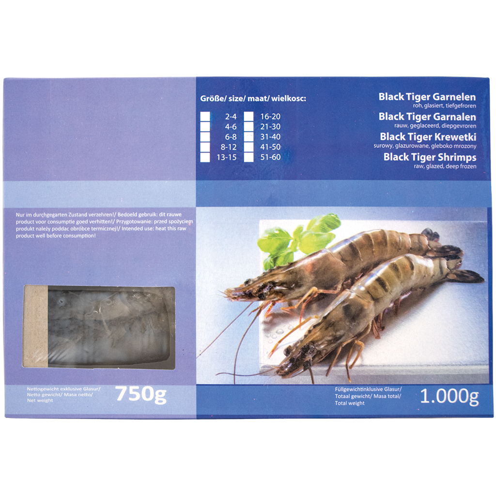 Креветка черная тигровая (Penaeus monodon) с головой и панцирем, замороженная, сырая, глазированная.