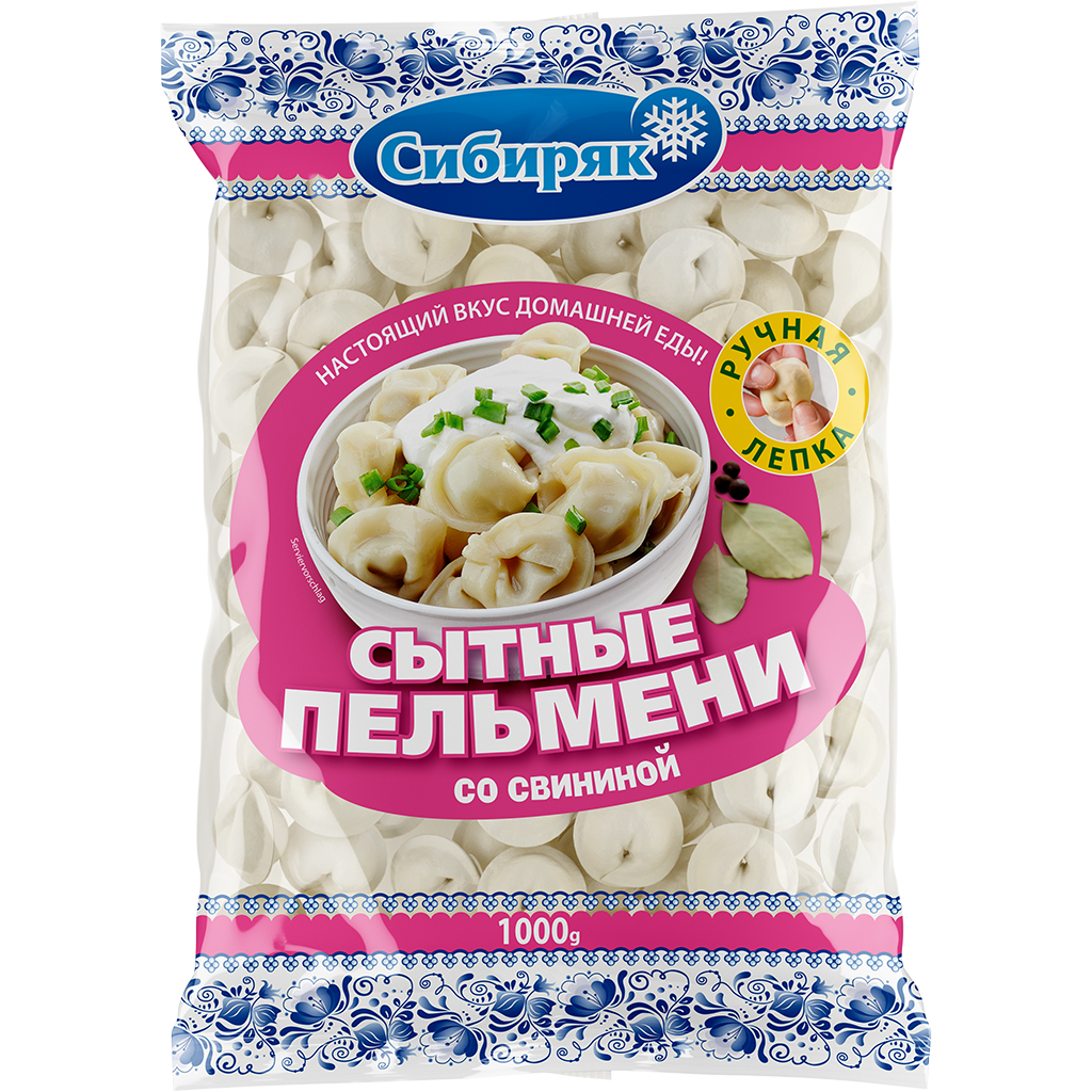 Русские пельмени ручной ленки с начинкой из свиного фарша (44%), замороженные.
