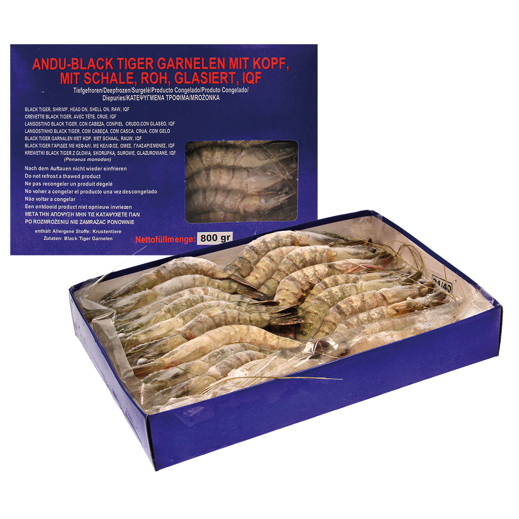 Black Tiger garnalen met kop, met schil, rauw, geglazuurd, a