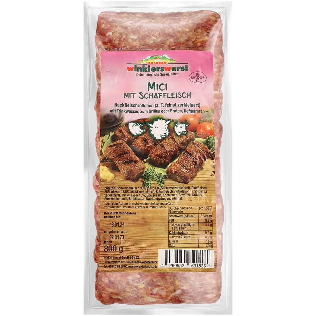 Varkens-, rund- en lamsvlees gehaktrolletjes (deels fijngehakt) met drinkwater, om te grillen of te bakken, diepgevroren