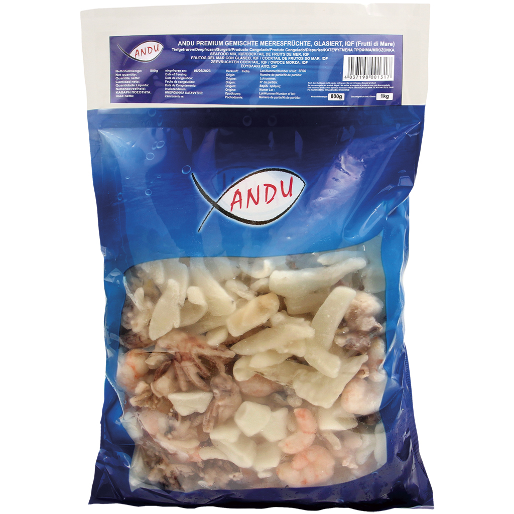 Gemengde zeevruchten, geglazuurd, IQF, diepgevroren.