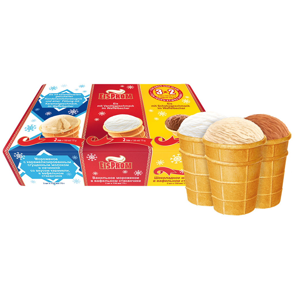 IJs met gekarameliseerd gezoet gecondenseerde melk en een vulling met karamel smaak in een wafelbekertje, ijs met vanillesmaak in een wafelbekertje, ijs met chocoladesmaak in een wafelbekertje.
