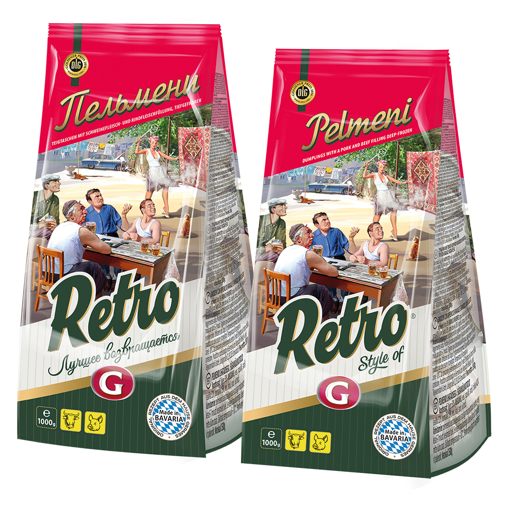 Пельмени "RETRO - Pelmeni 1000g" из свинины и говядины, продукт глубокой заморзки
