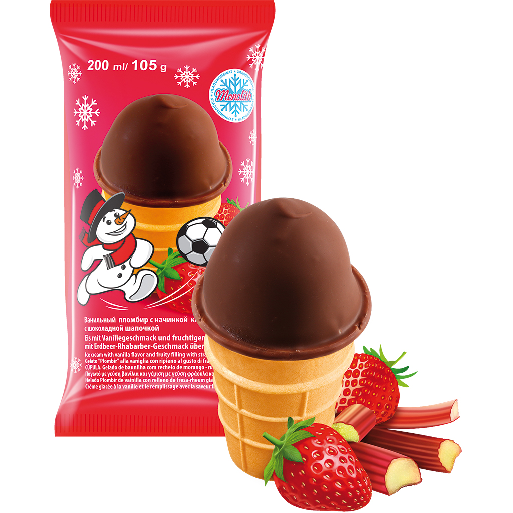 IJs met vanillesmaak en fruitvulling met aardbei-rabarber-smaak, omhuld met cacaohoudende vetglazuur.