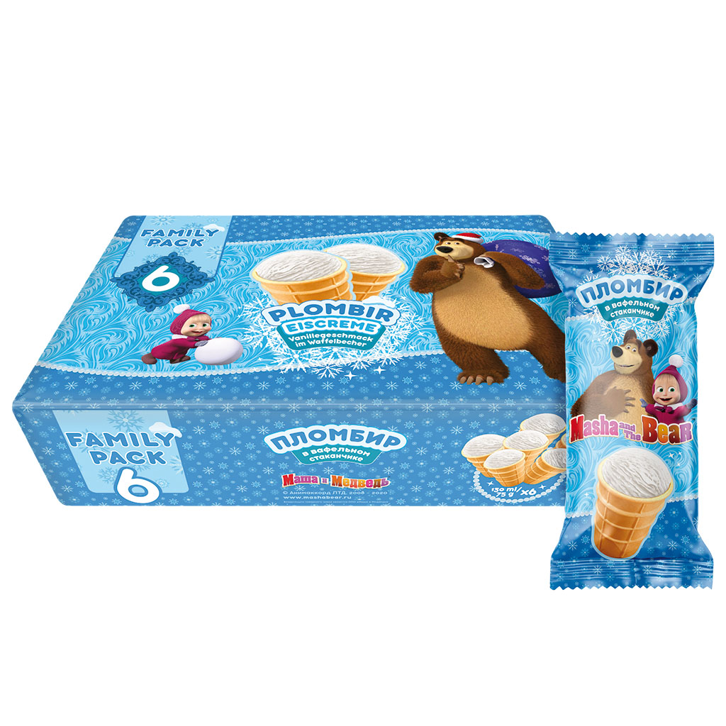 Ванильное мороженое "Пломбир", в вафельном стаканчике 6x130мл