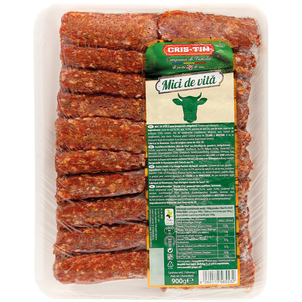 Рулетики из фарша "Mici de Vita" из говядины, приправленные, замороженные.