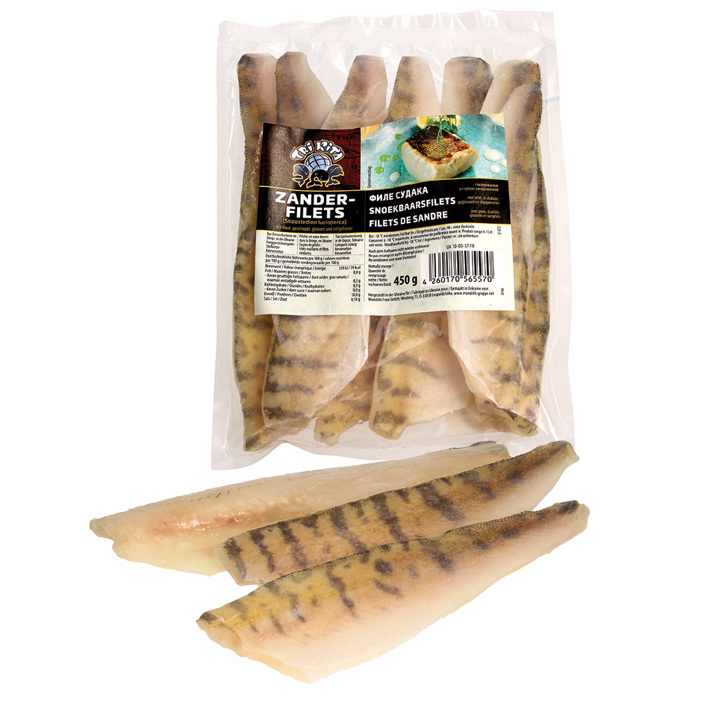 Zanderfilets (Stizostedion lucioperca), met huid, geschaald, geglazuurd en diepgevroren