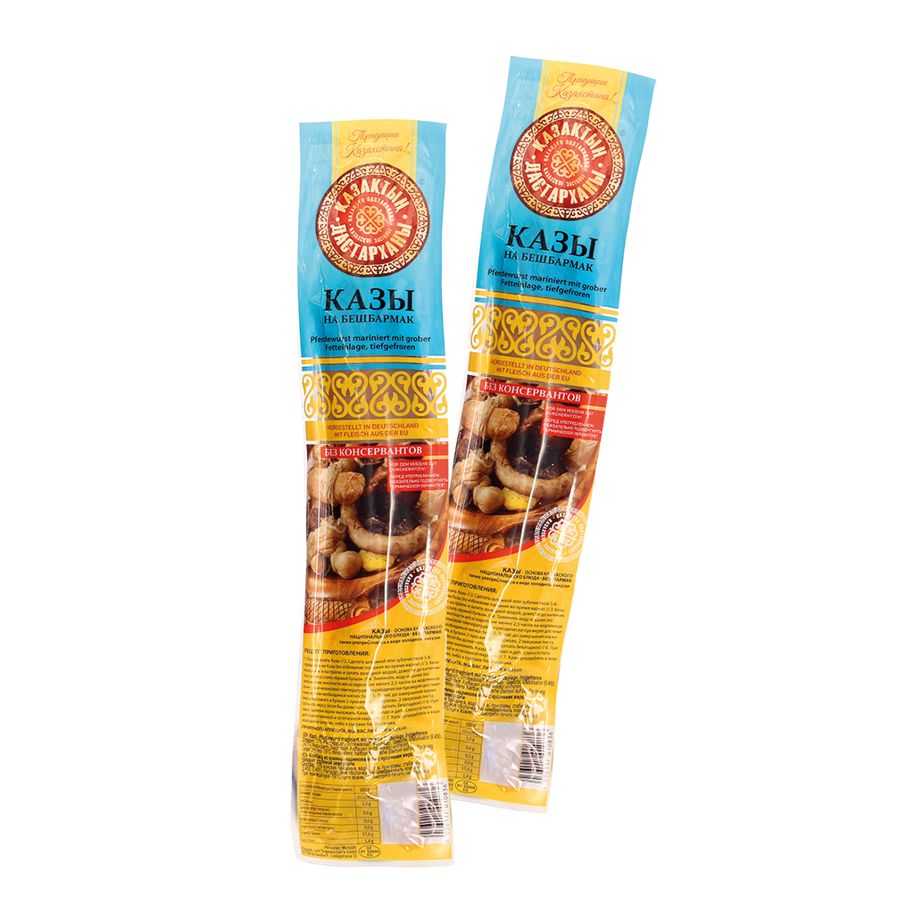Колбаса "Казы" из конины маринованная с кусочками жира, продукт глубокой заморозки