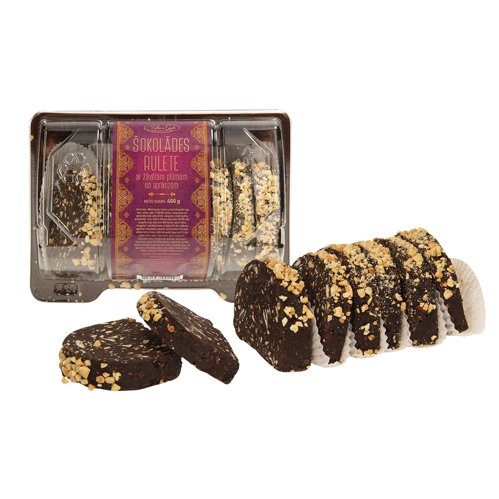 Cacao crème rol met koekjes-, pruimen- en abrikozenstukjes, 