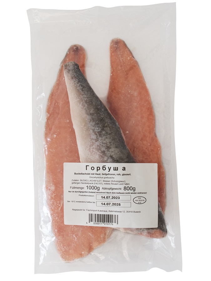 Buckellachsfilet met huid, diepgevroren, rauw, geglazuurd