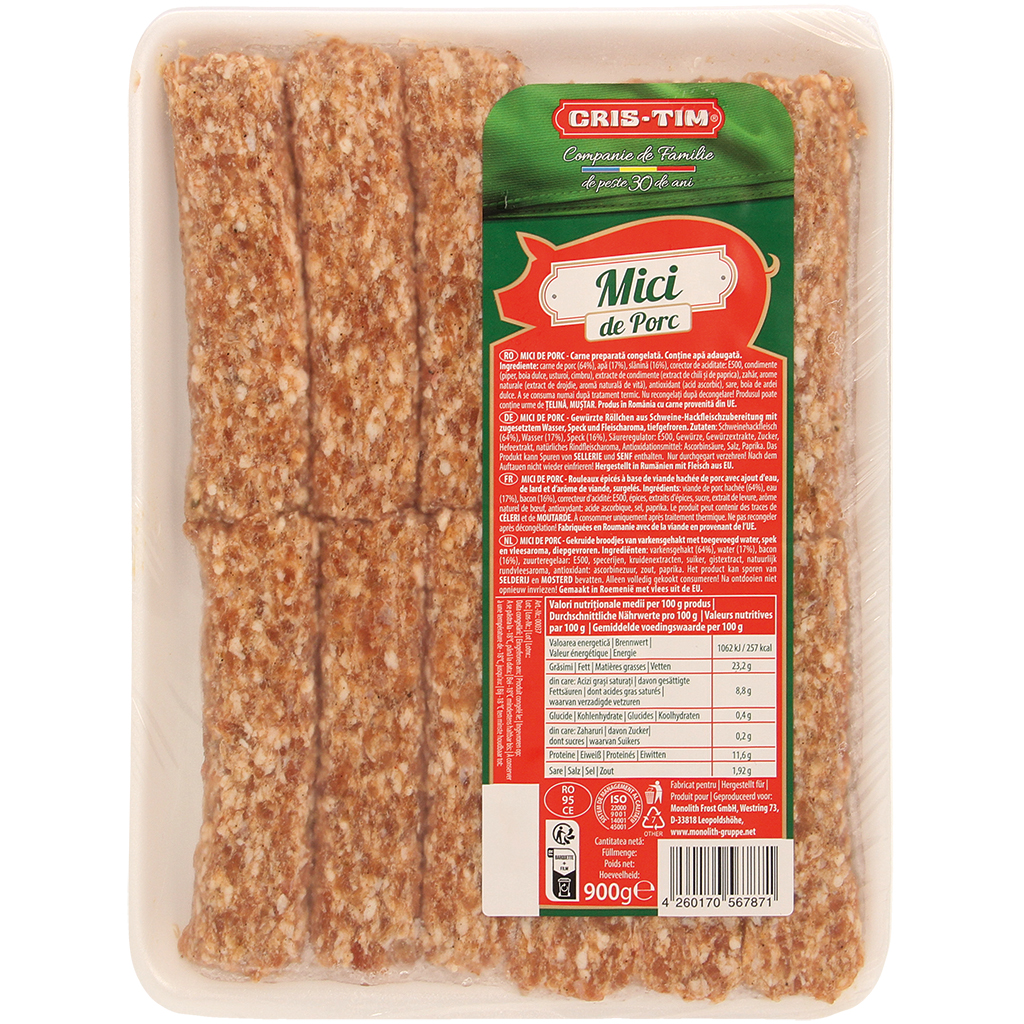 "MICI DE PORC" - Gekruide rolletjes van varkensgehakt met toegevoegd water, spek en vleesaroma, diepgevroren