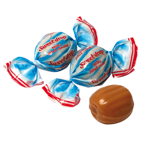 Hartkaramel "SWEET DROP" met een vulling met melk smaak.