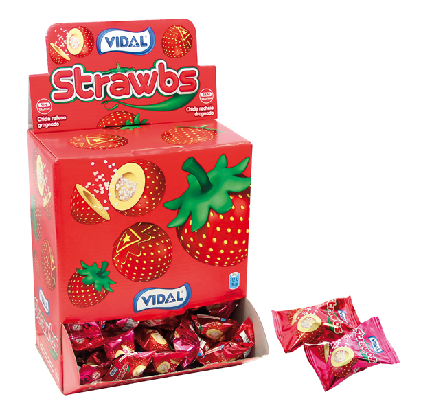 Kauwgom "Strawbs" met aardbeismaak, gevuld met bruis, apart 