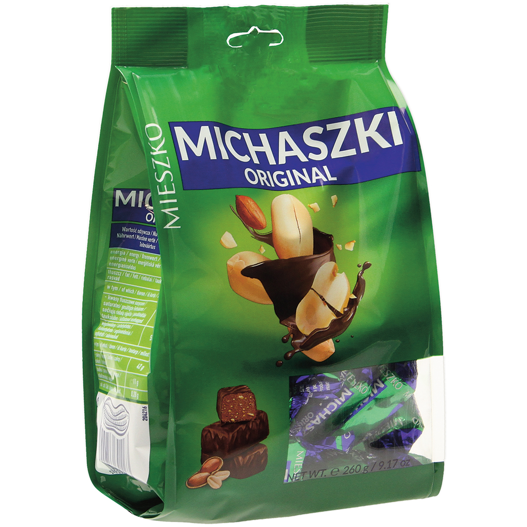 Aromatiseerde pinda konfekt in chocolade. Chocolade bevat na