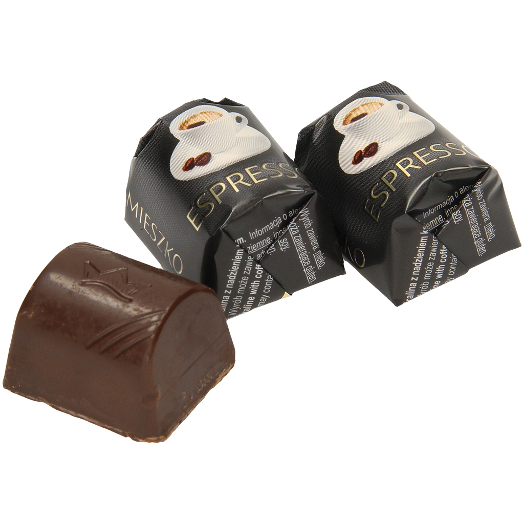 Pralines "Espresso" met koffievulling. Chocolade bevat naast