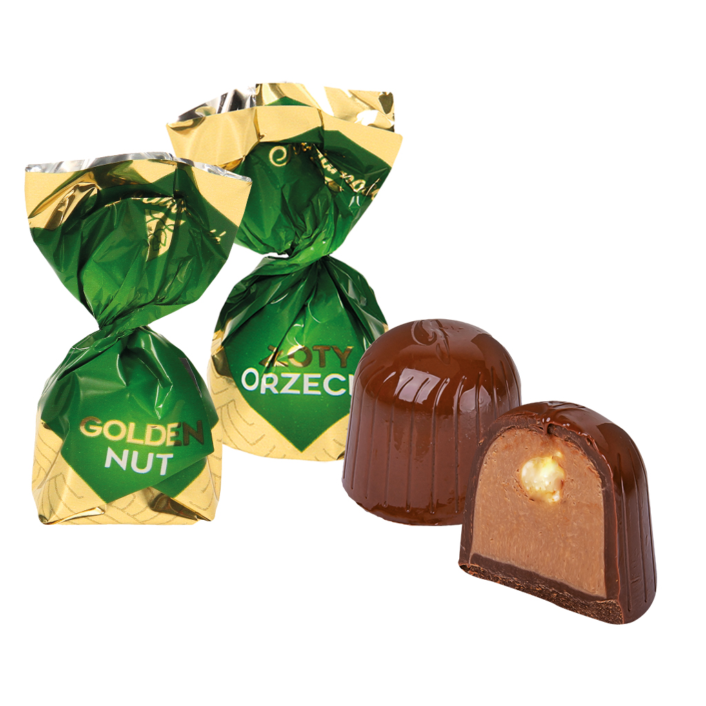 Chocolade snoep "Golden Nut" met hazelnoot in hazelnootcrème