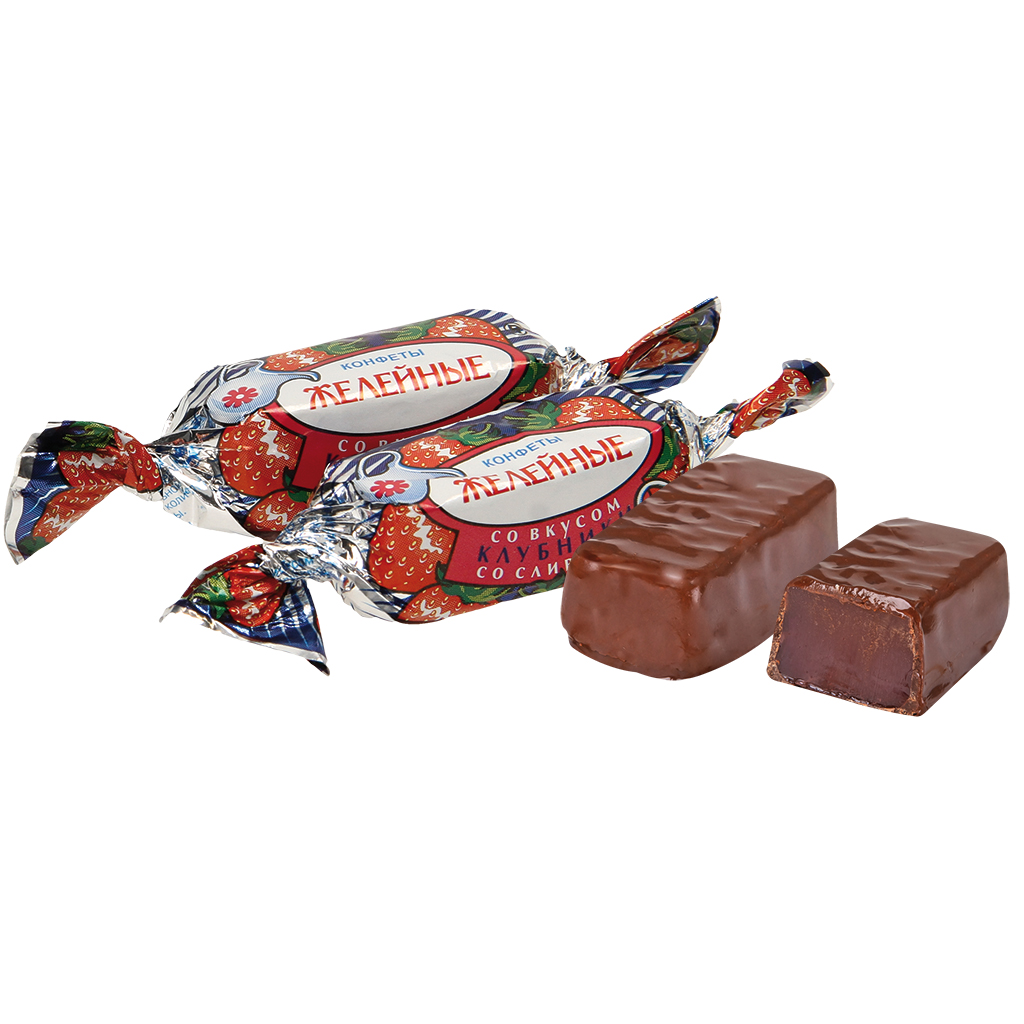Gelei-Confect "Zhelejnije" met aardbei-room smaak in cacaohoudende vetglazuur