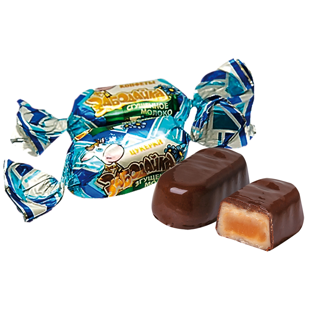 Konfekt "Zabodaika" met gezoete gecondenseerde melk (12%) in cacao-vetglazuur (20%)