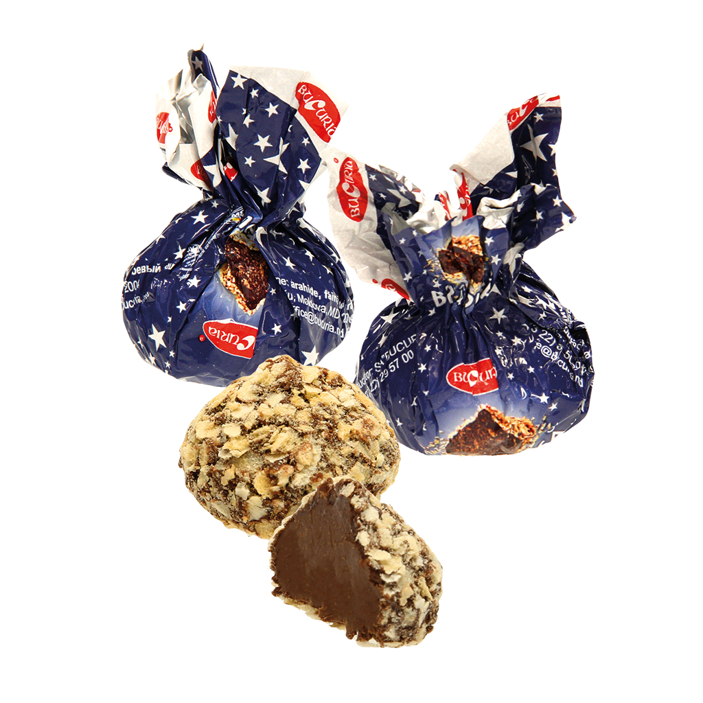 "Brindusa" Confekt met wafelbrokjes (17%) en pinda's, in cacao-vetglazuur (12%), bestrooid met wafelbrokjes /los