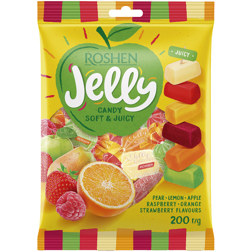 "Jelly" Geleekonfektmengsel met appel-, aardbei-, framboos-