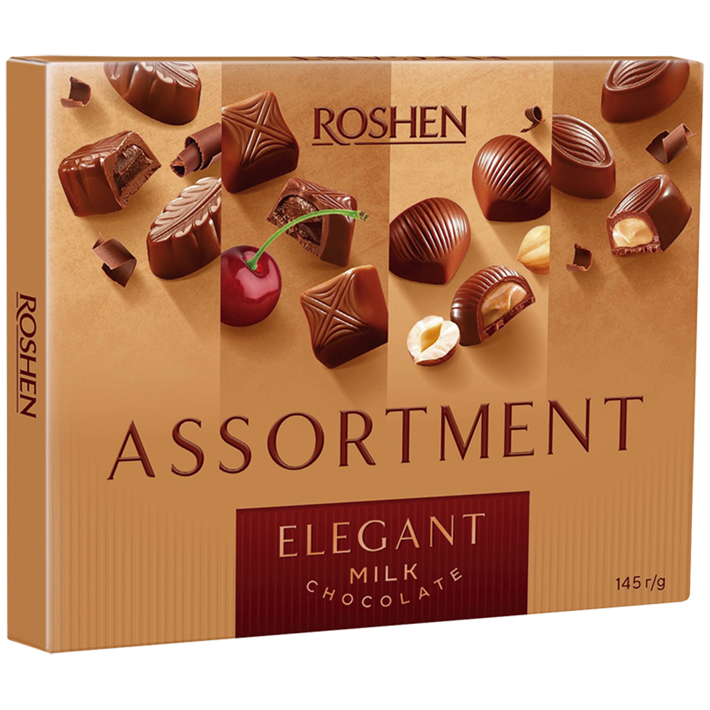 Confectiemix van melkchocoladeconfect met verschillende vullingen. Bevat alcohol.