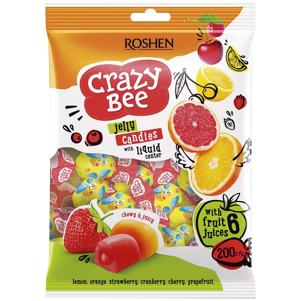 "Crazy Bee Fruity" Geleekonfekt-mix met vulling (12%) in smaken: Aardbei, Bosbes, Zure kers, Grapefruit, Citroen, Sinaasappel.