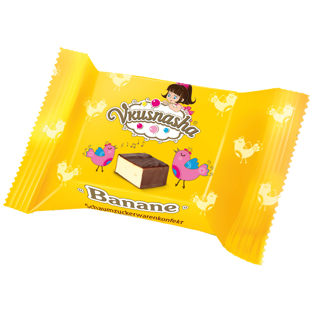 Schuimsuikerwarenconfekt "VKUSNASHA" met bananensmaak in cacaohoudende vetglazuur