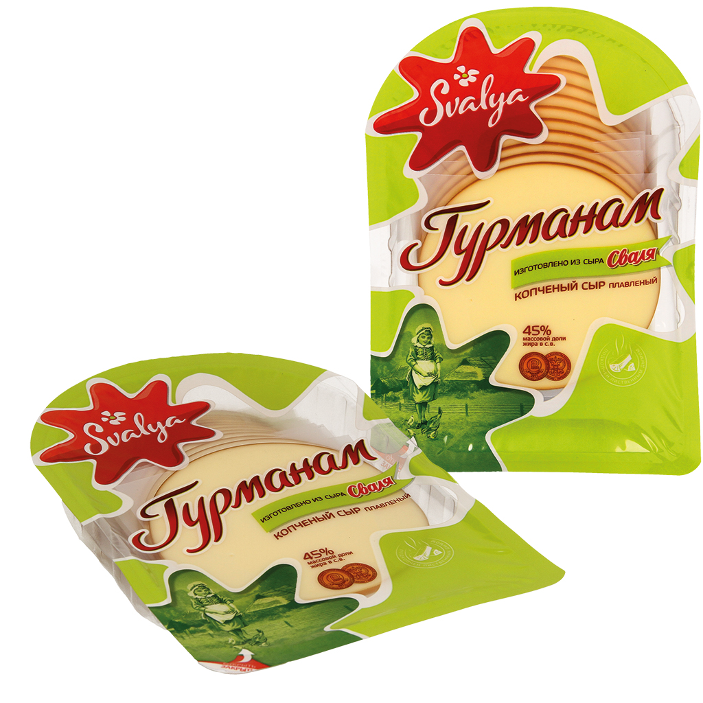 Плавленый сыр "Gurman" 45% жира в сухом веществе нарезанный кусочками, копчёный
