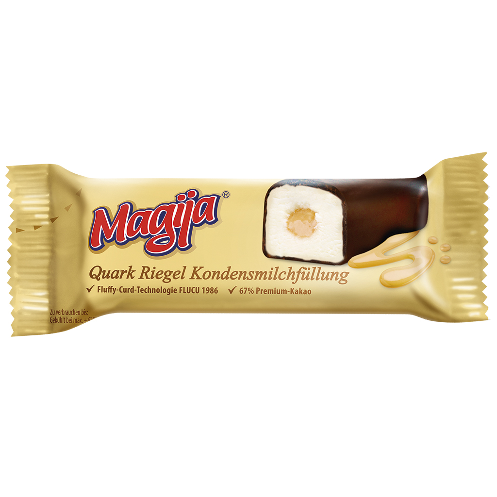Magere kwarkbereiding met gecondenseerde melkvulling, omhuld met chocolade