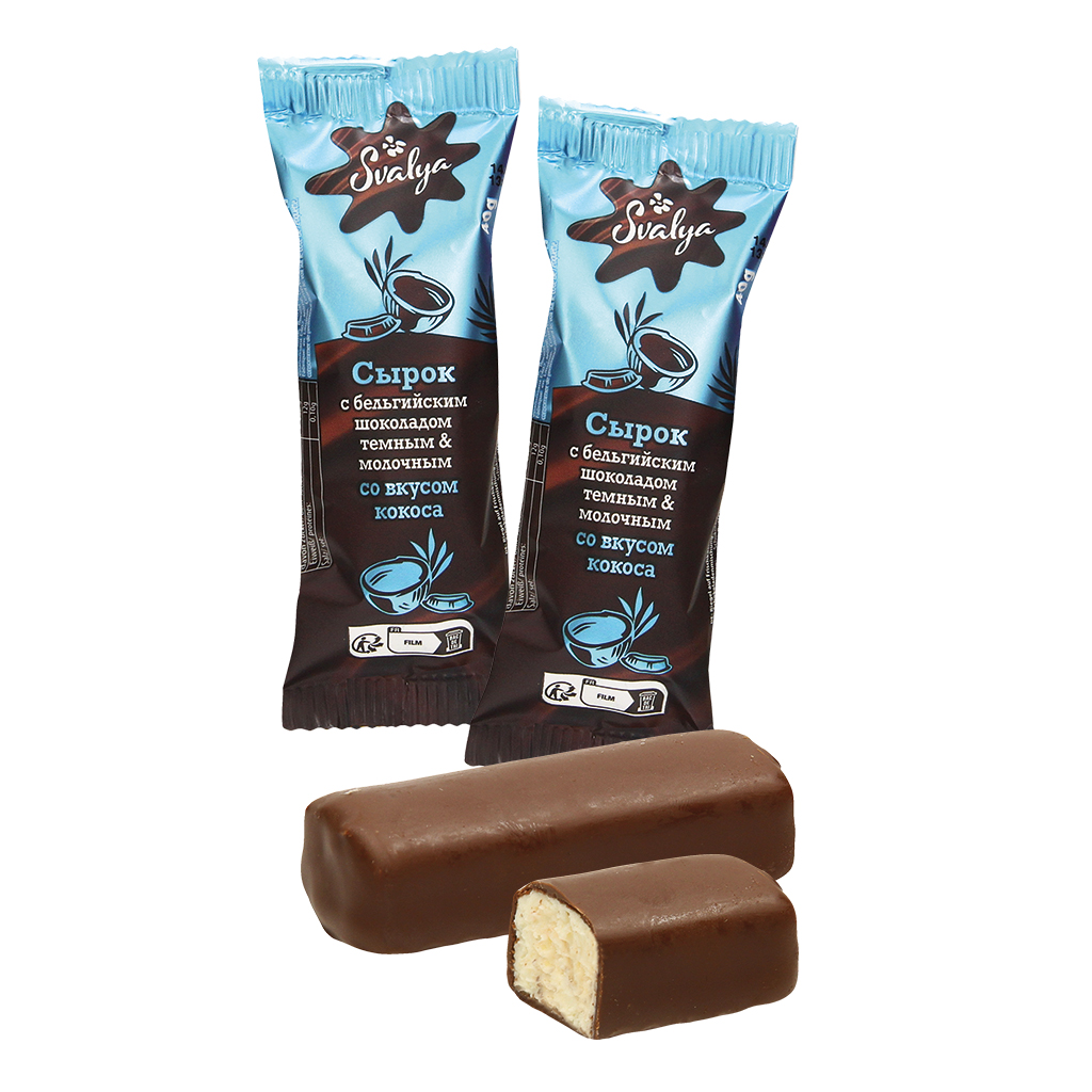 Reep op basis van roomkaas met kokossmaak in een glazuur van chocolademengsel