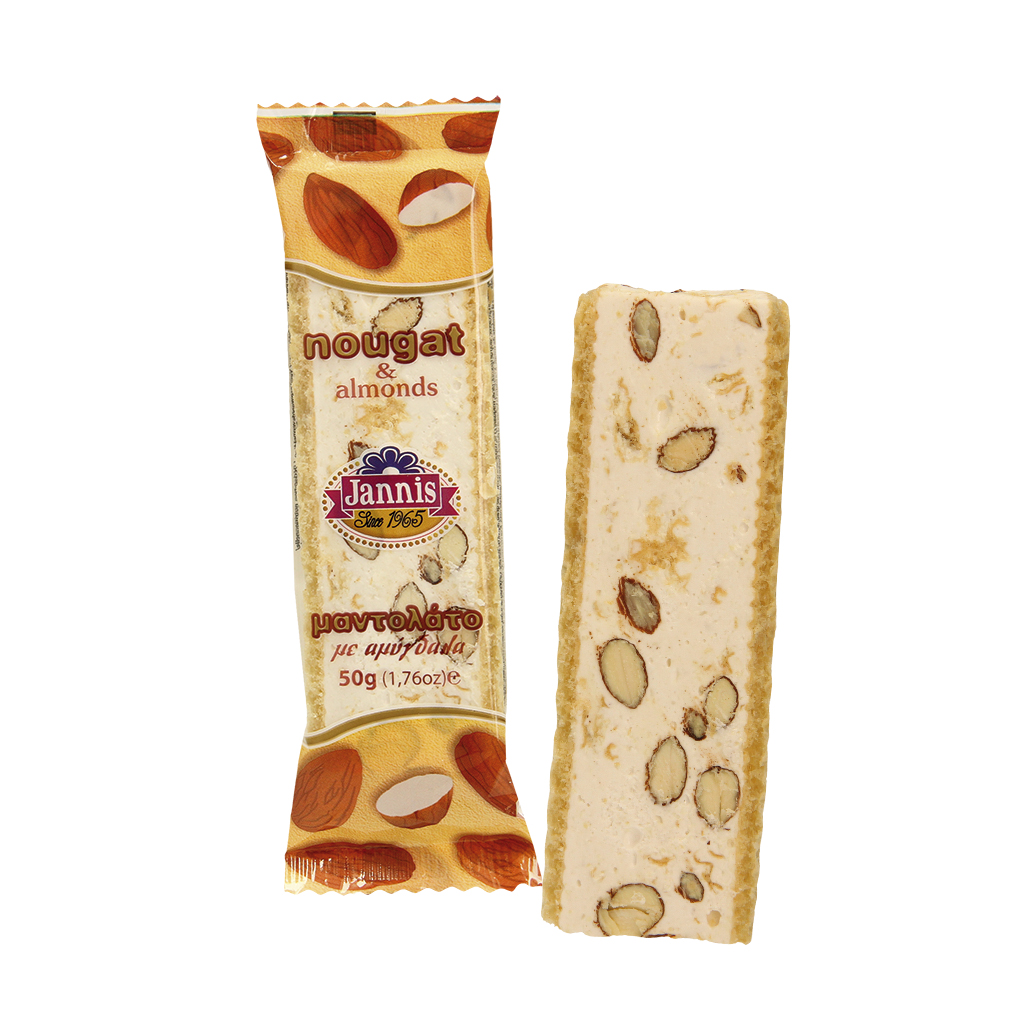 Witte nougat met amandelen tussen wafels