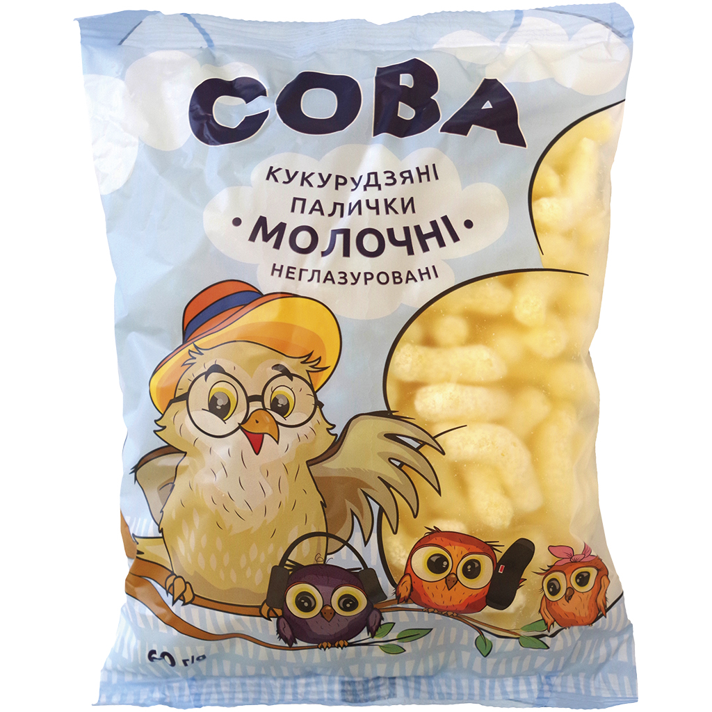 Maïs-snackproduct - zoete maïsstokjes "Uil" - met melksmaak.