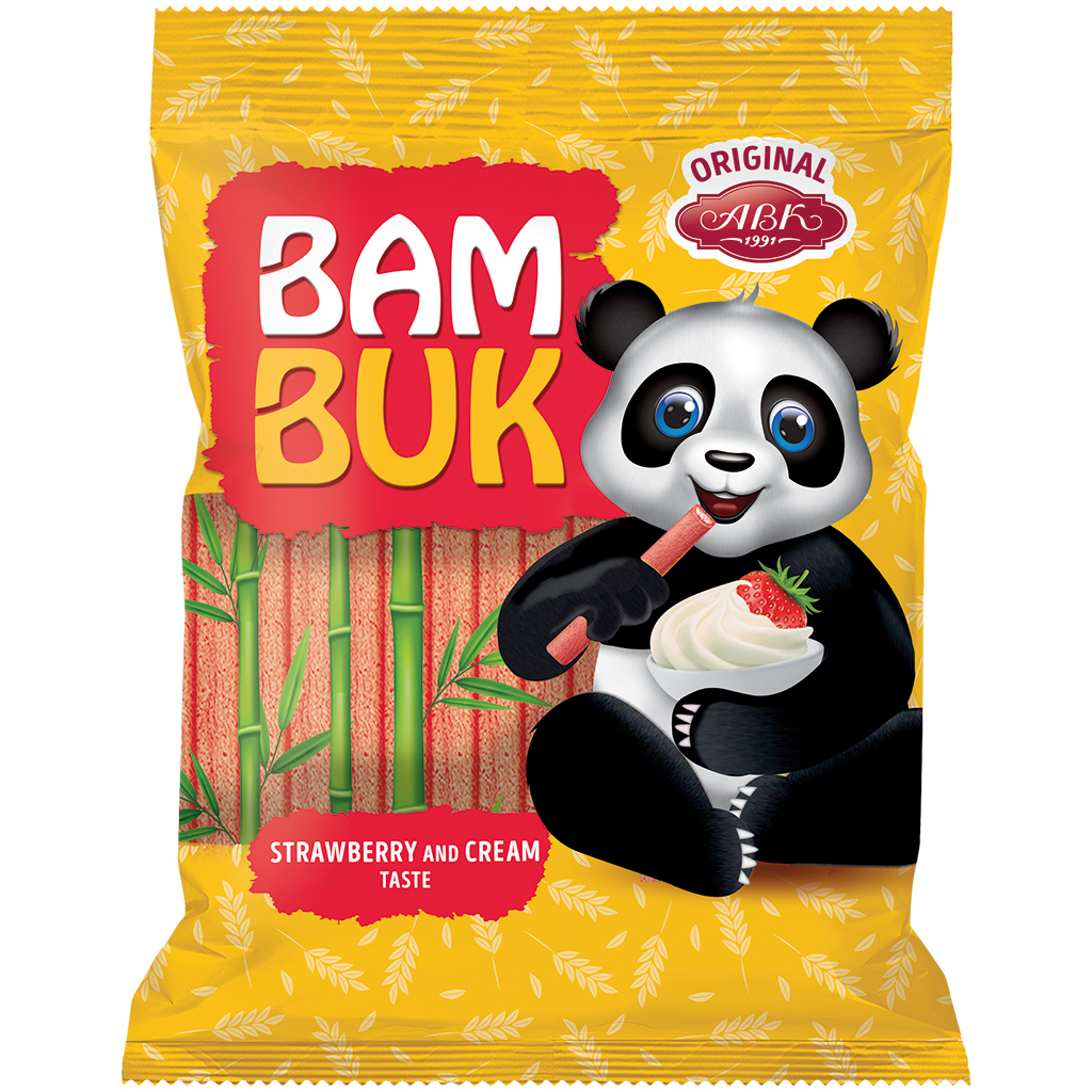 "Bam-Buk" Gevulde koekstaven met aardbeiensmaak