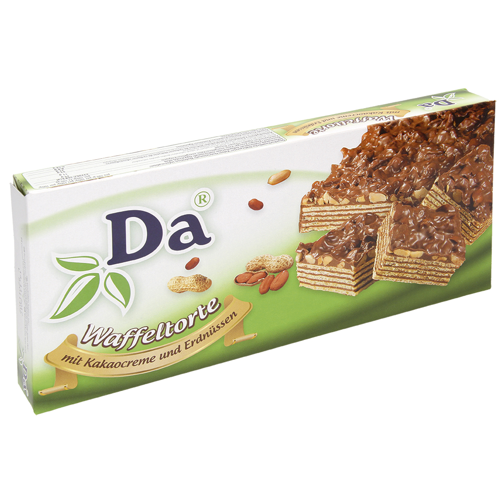 Wafeltorta "DA" met cacao crème (45,3%) en pinda's, omhuld m