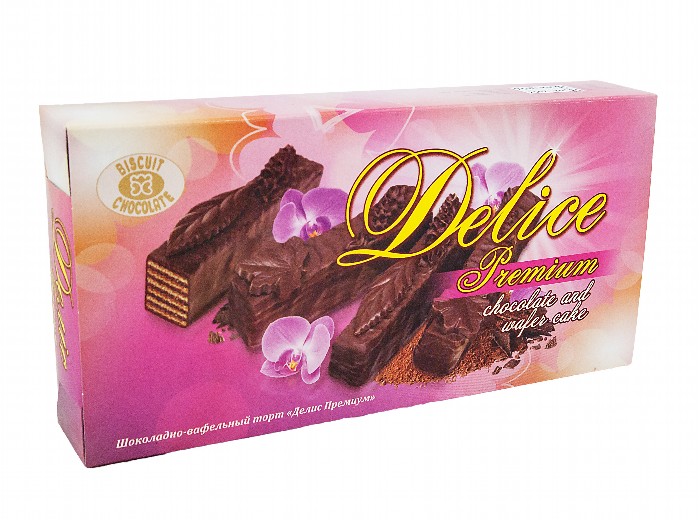 Wafelgebak "Delis Premium" in chocoladelaag (28%), versierd