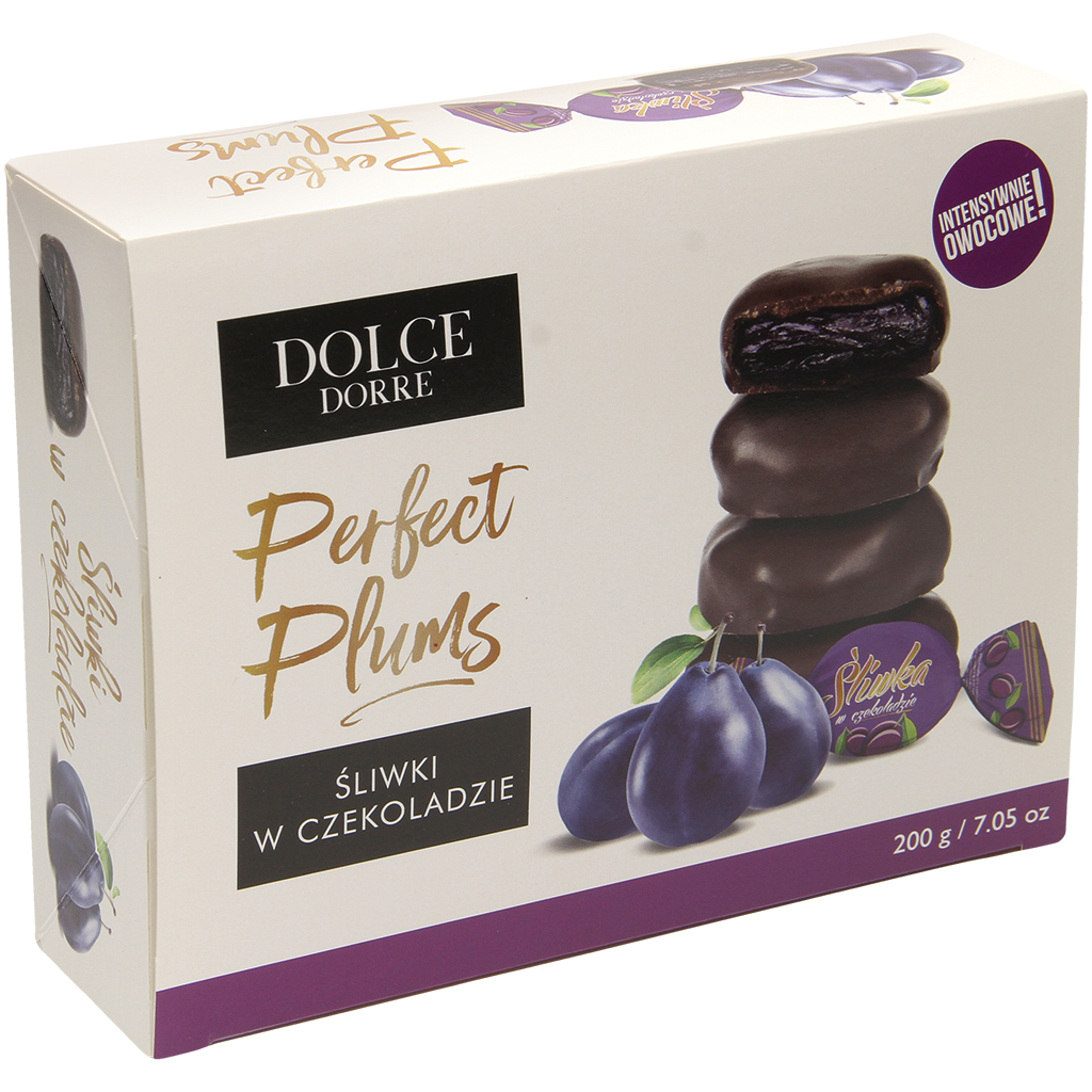 Pruimen in chocolade en cacaohoudende vetglazuur