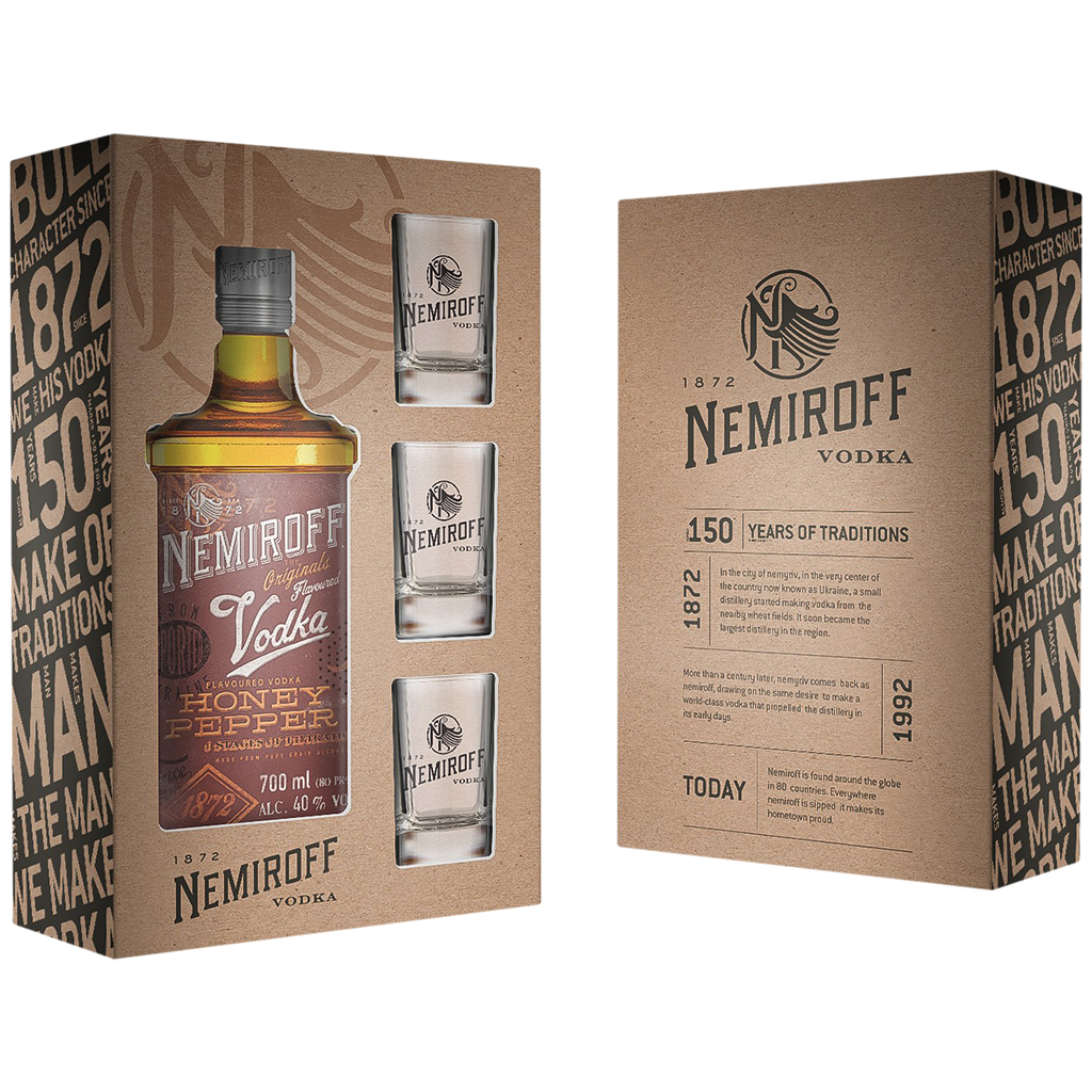 Водка "Nemiroff Honig-Peperoni" в подарочной коробке с 3 рюмками, 40 % алк.